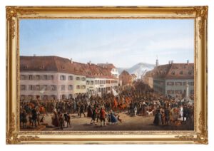 Das Gemälde von Friedrich Kaiser zeigt den Einzug dér Freischaren unter Joseph Weißhaar am 20. April 1848 in Lörrach